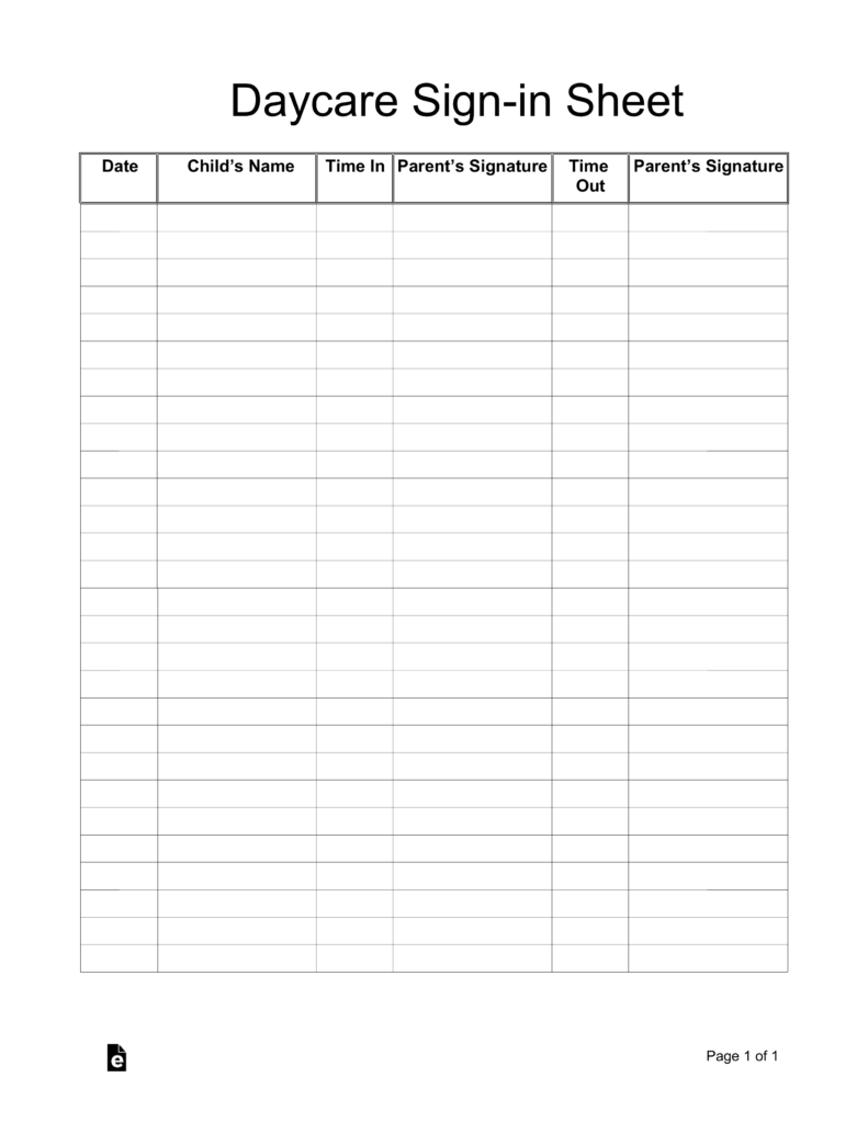 Parent Sign In Sheet Free Printable