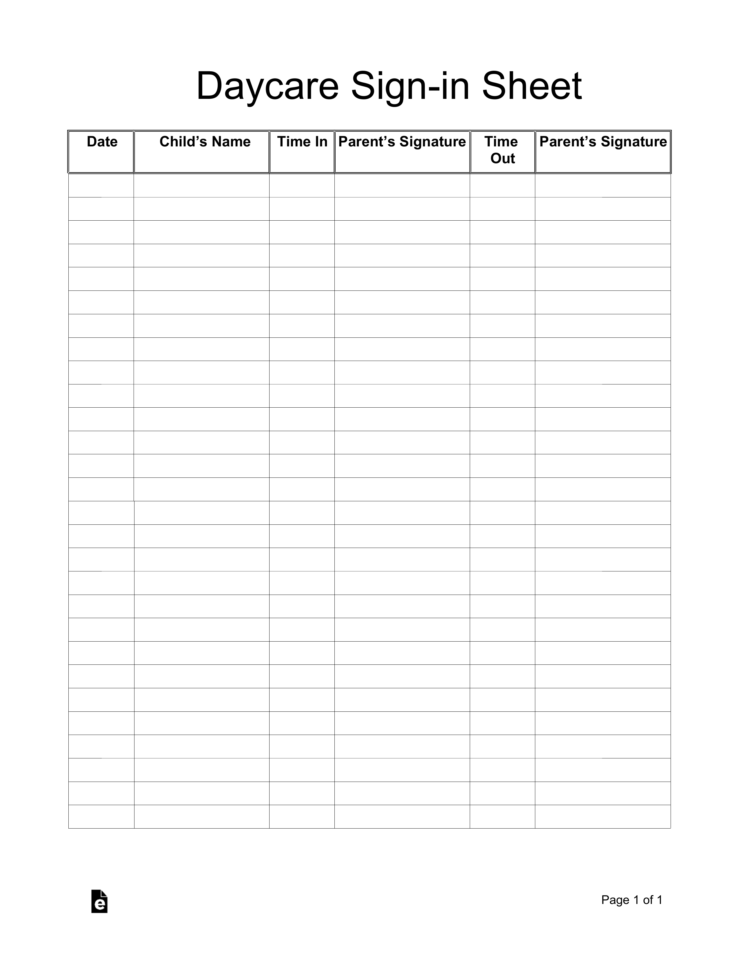 Daycare Sign in Sheet Template EForms