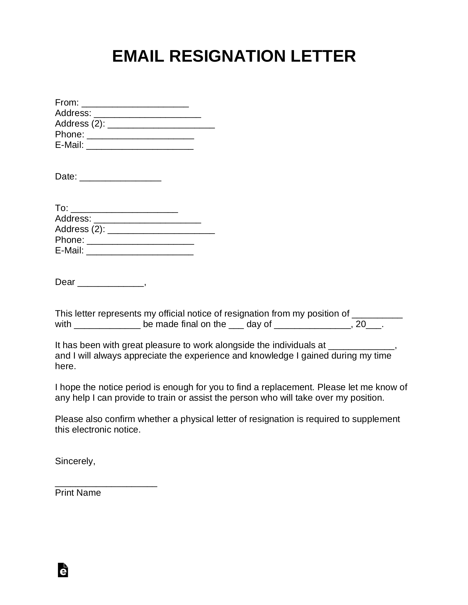 Free E Mail Resignation Letter Template With Samples PDF Word EForms