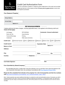 Four Seasons Credit Card Authorization Form