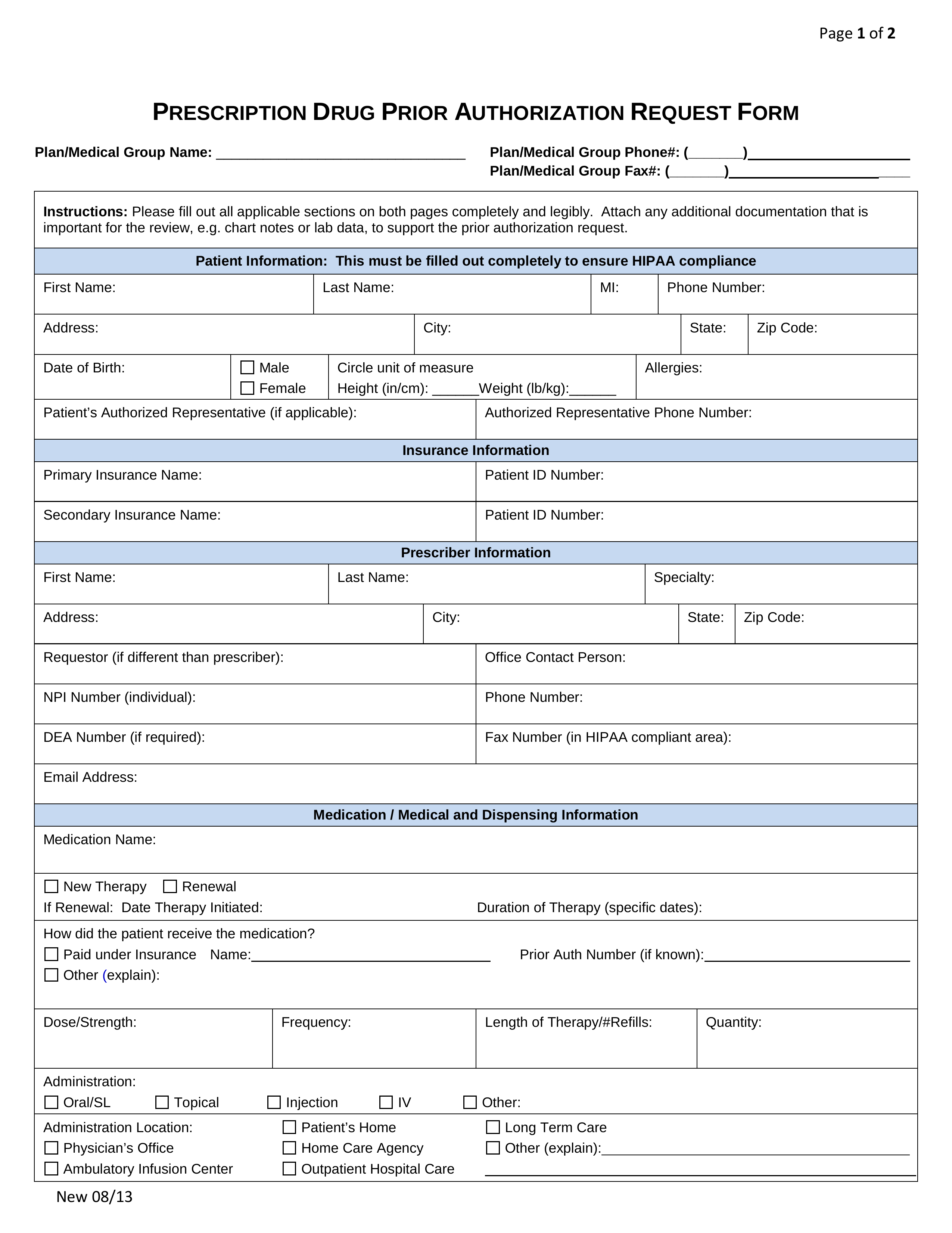 Massachusetts Standard Prior Authorization Form