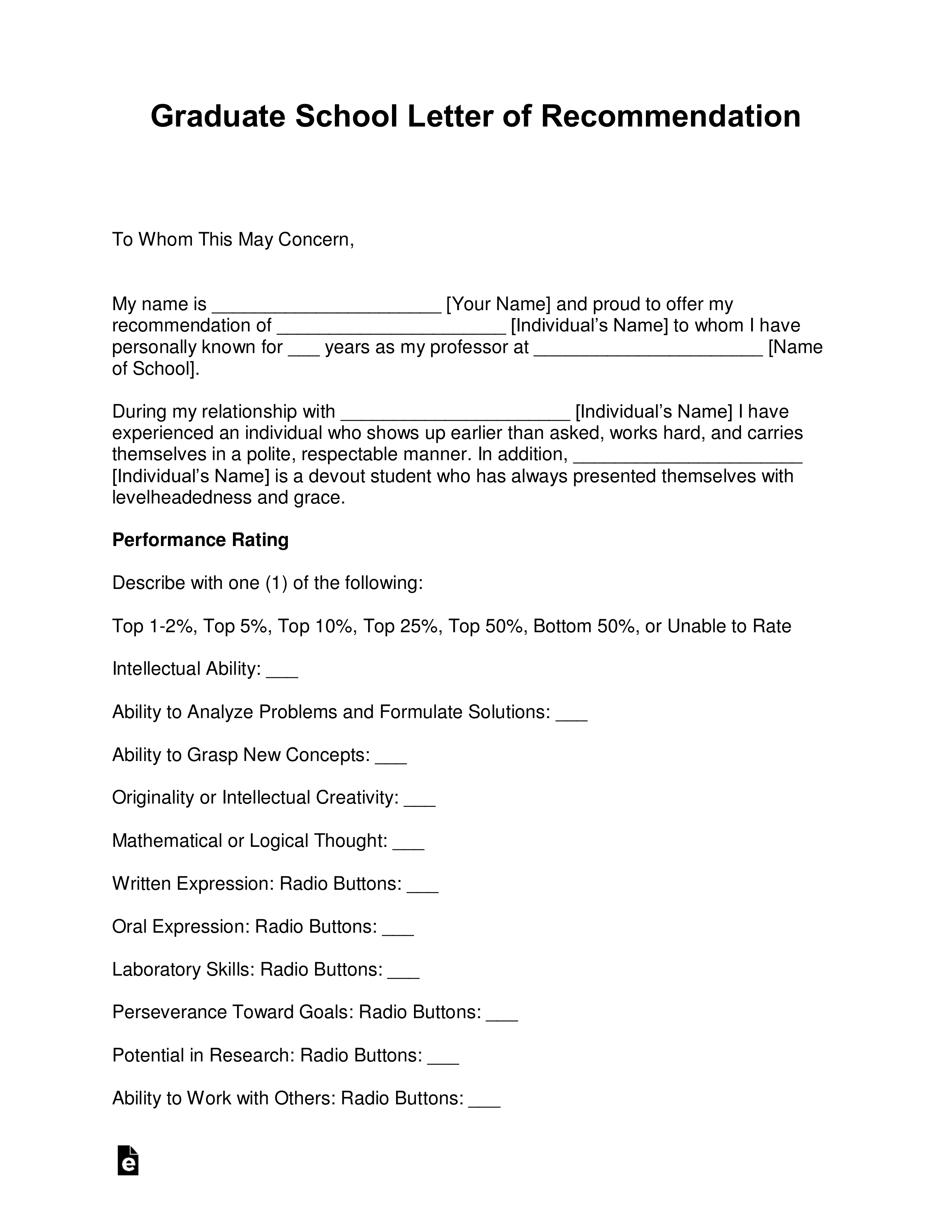 Supervisor Letter Of Recommendation from eforms.com