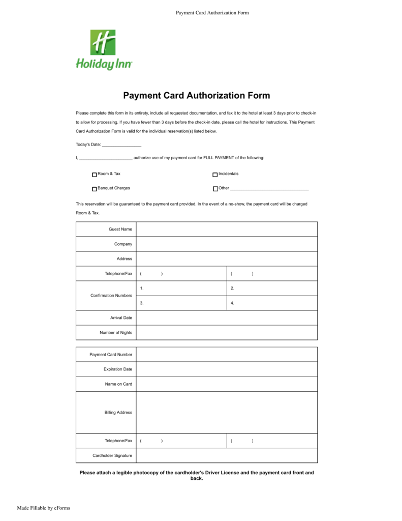 Free Holiday Inn Credit Card Authorization Form PDF EForms