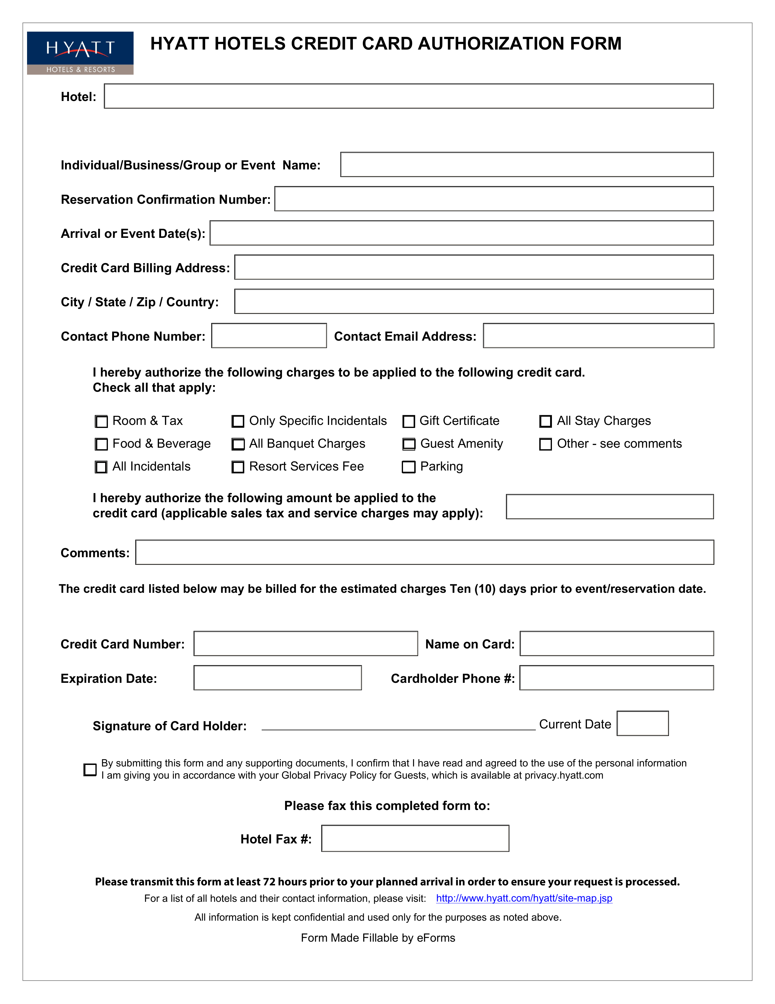 Free Hyatt Credit Card Authorization Form PDF EForms