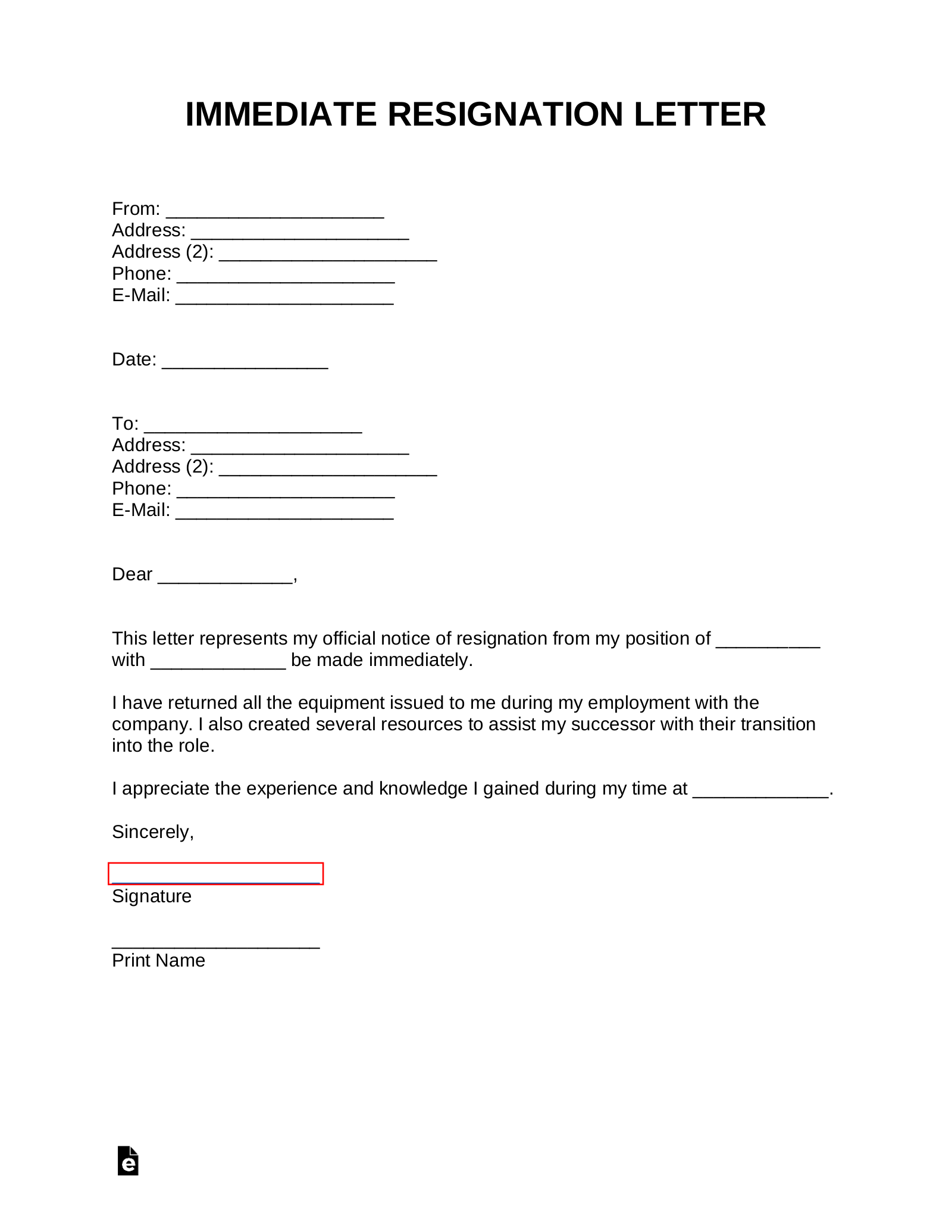 Free Immediate Letter of Resignation Templates Samples PDF Word