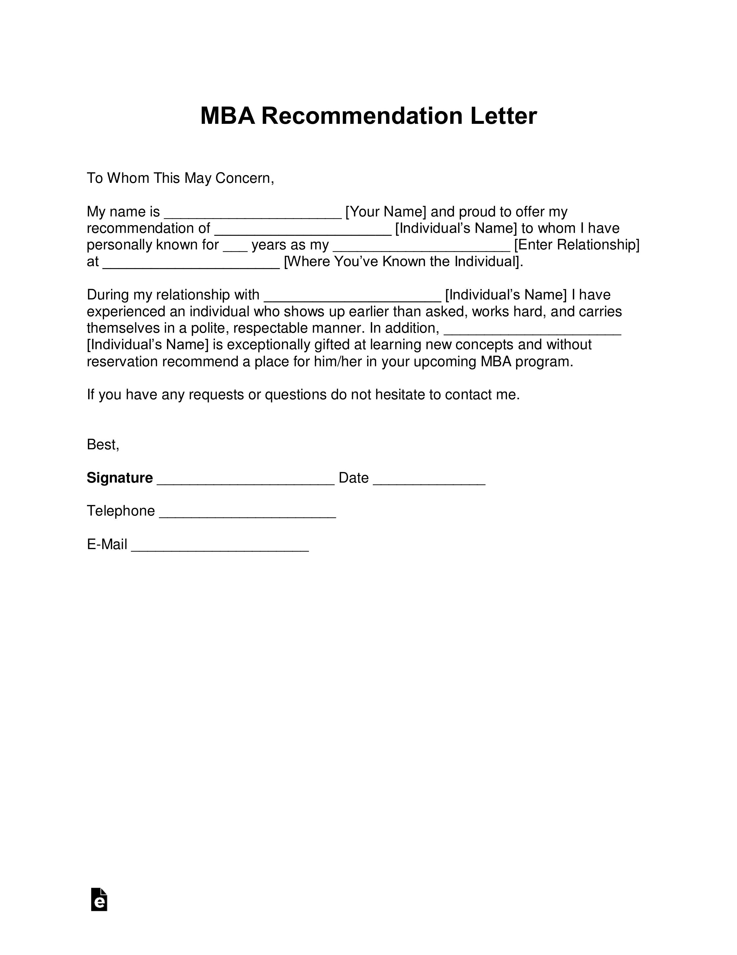 Letter Of Recommendation From Employer from eforms.com