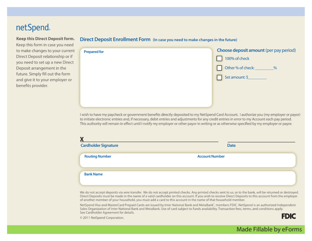free netspend direct deposit authorization form - pdf | eforms