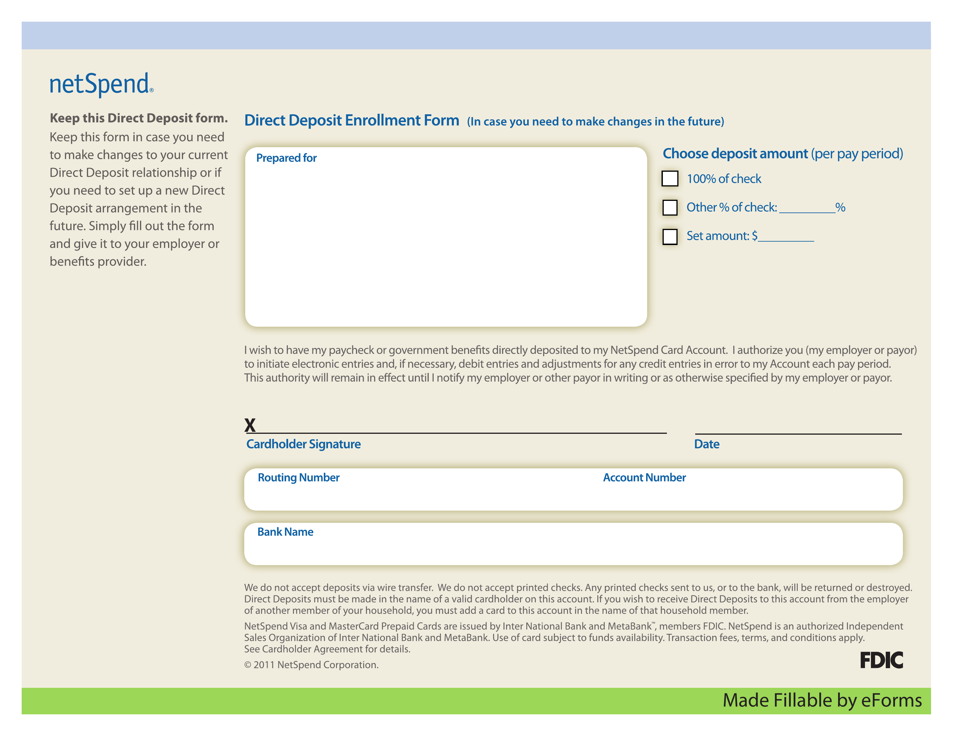 Free NetSpend Direct Deposit Authorization Form - PDF – eForms
