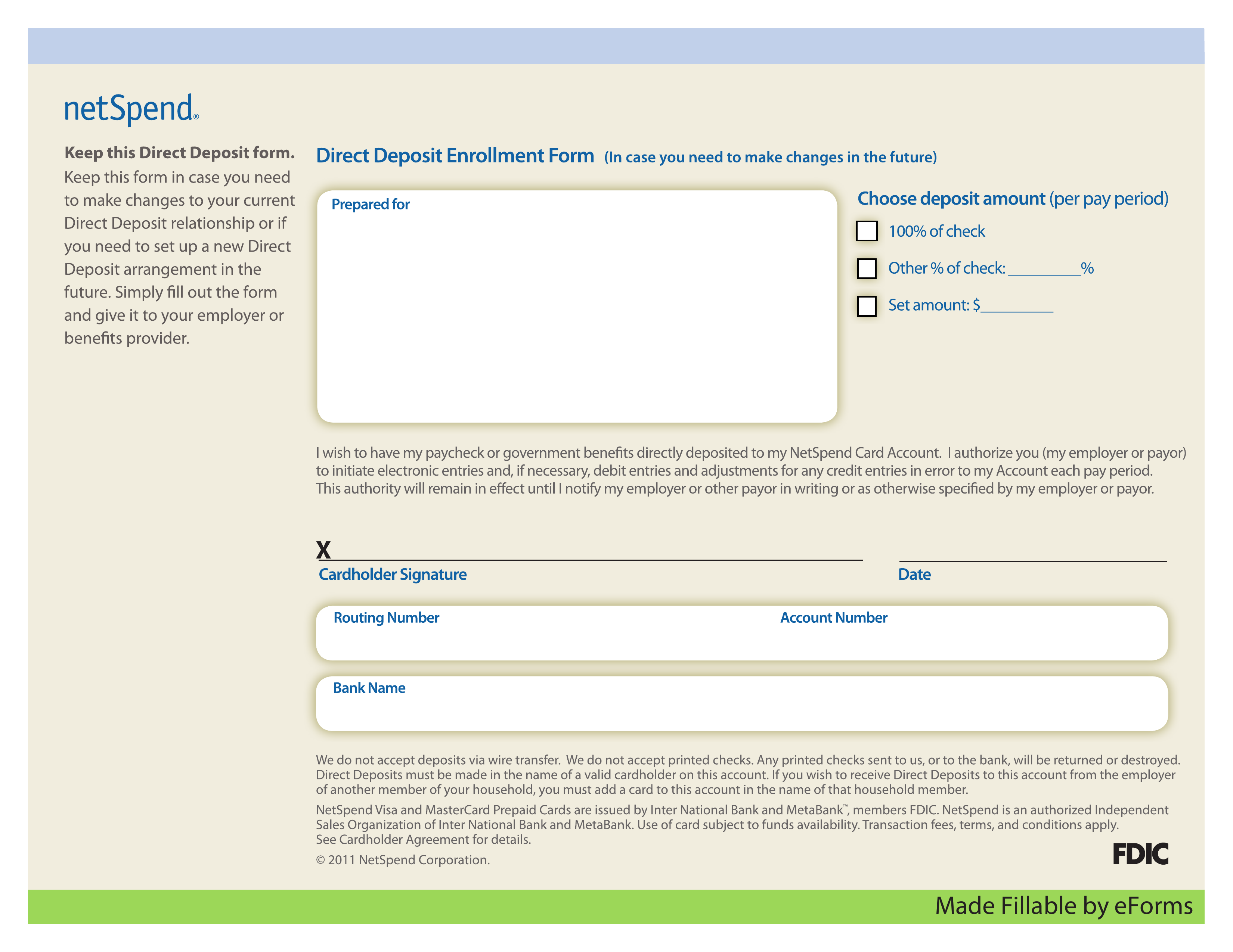 Free NetSpend Direct Deposit Authorization Form - PDF | eForms - Free Fillable Forms