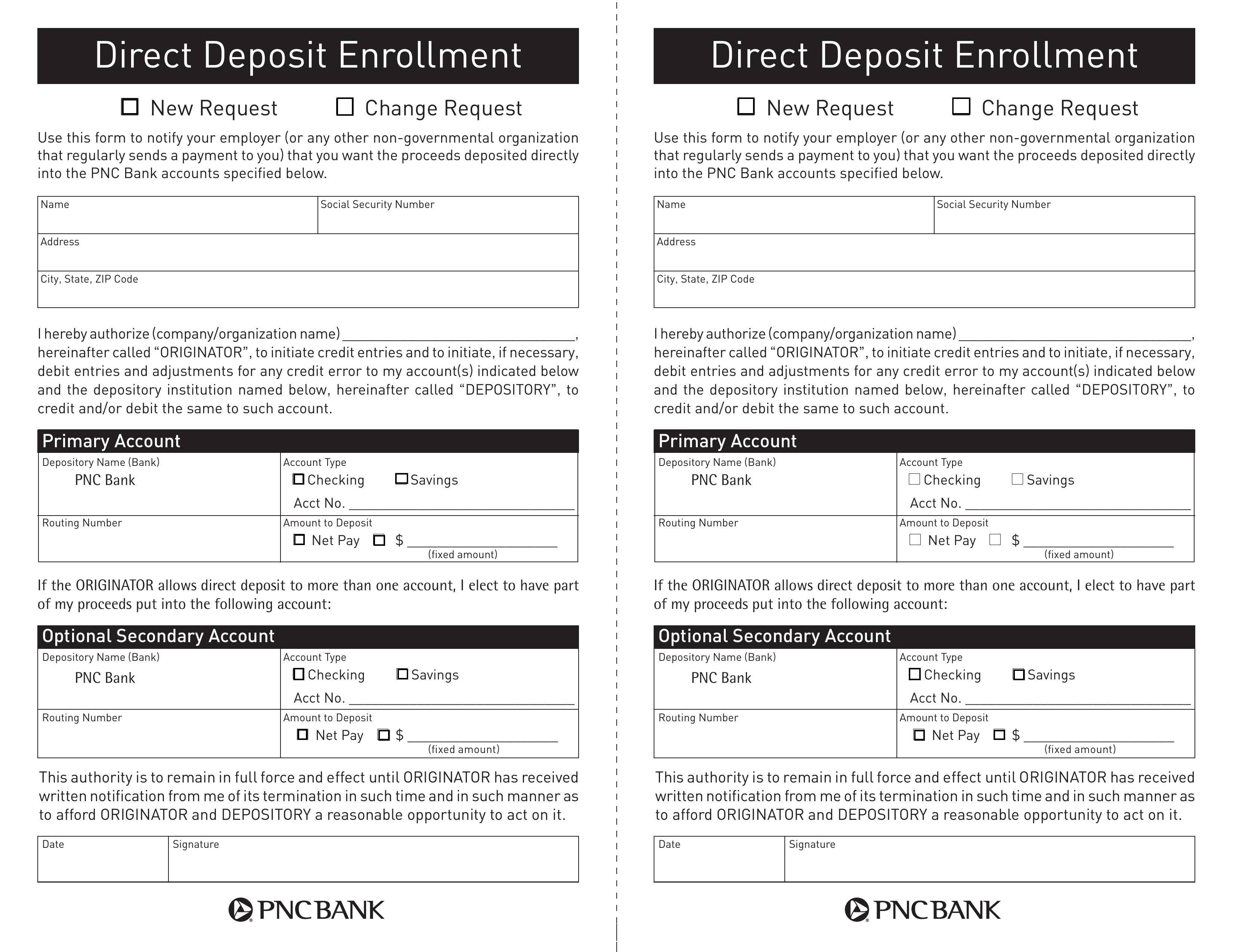 PNC Bank Direct Deposit Authorization Form
