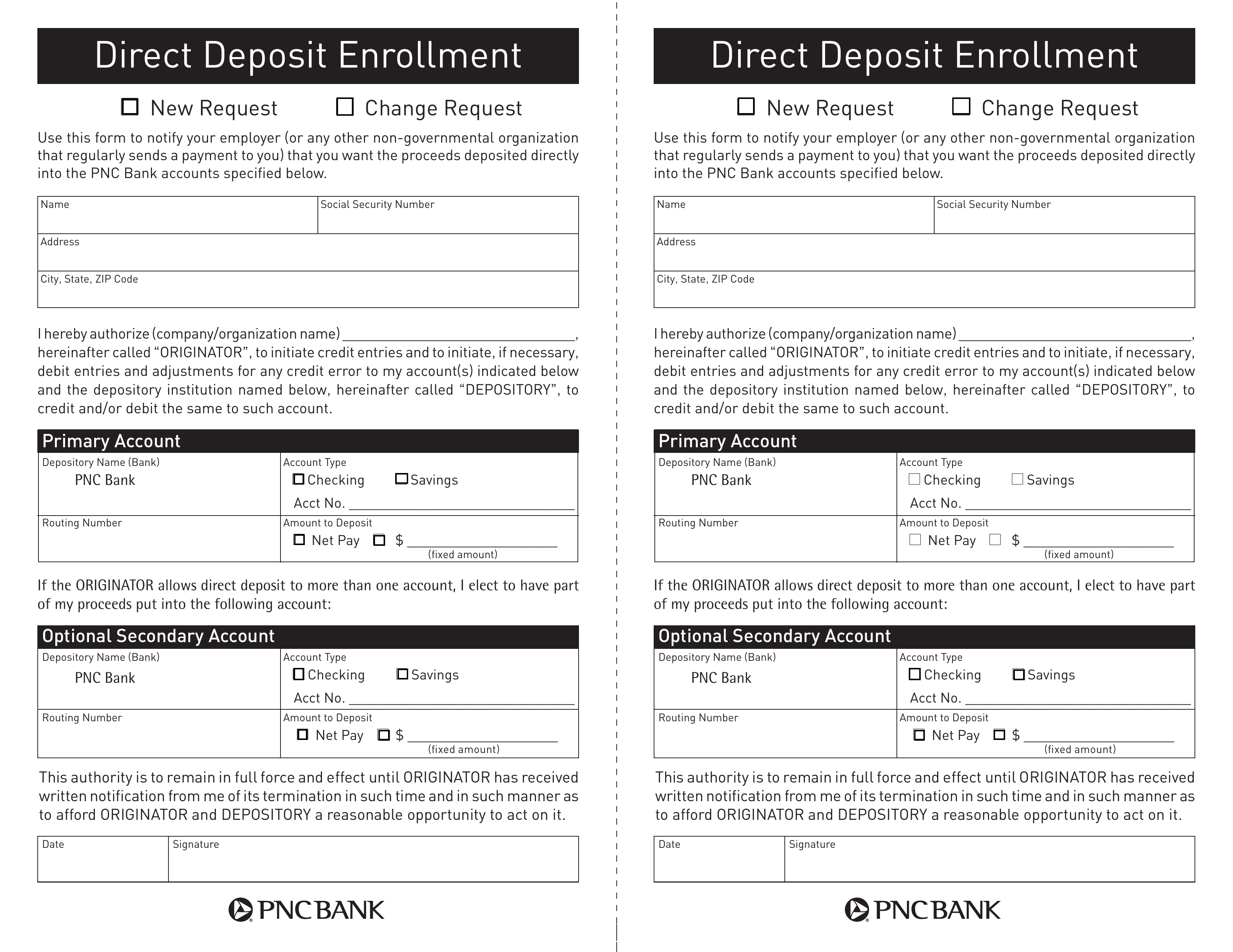 Free Pnc Bank Direct Deposit Authorization Form Pdf Eforms 1490