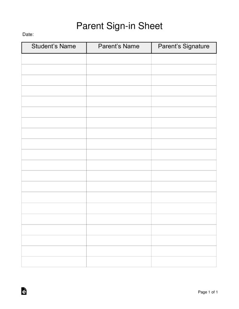 Printable Parent Sign In Sheet