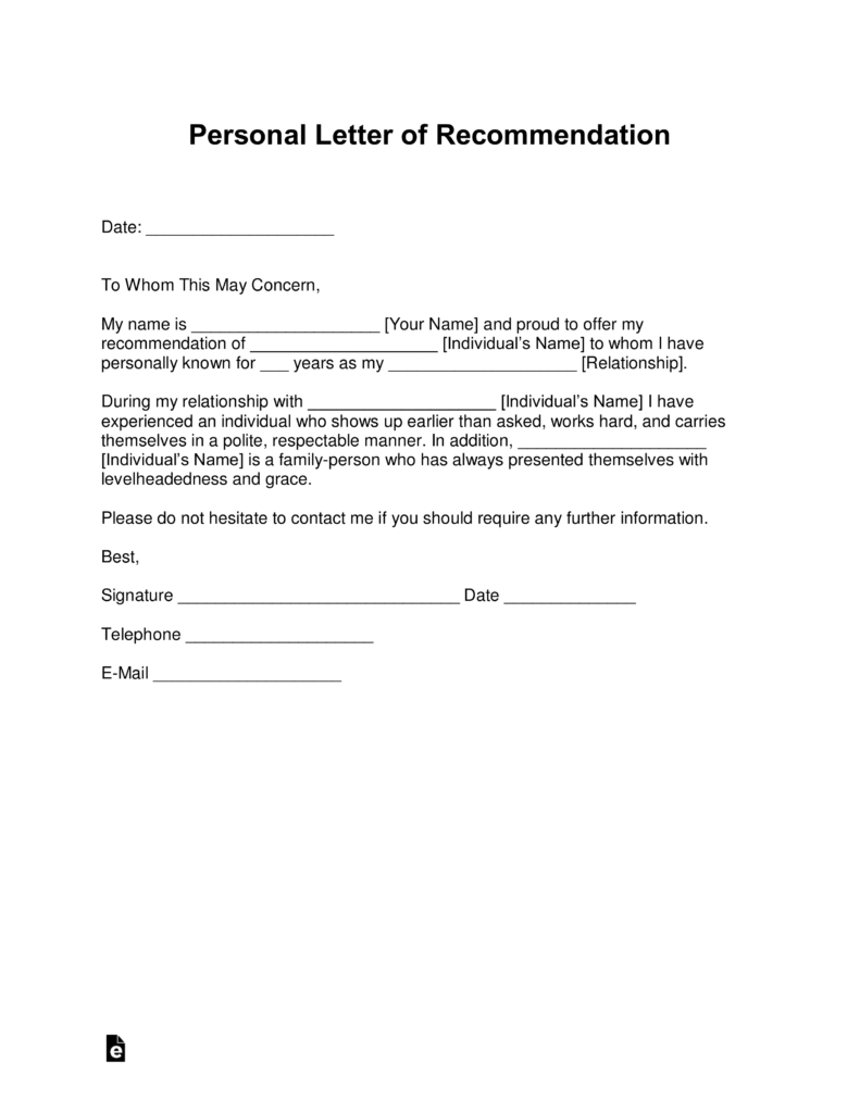 Free Personal Letter Of Re Mendation Template For A