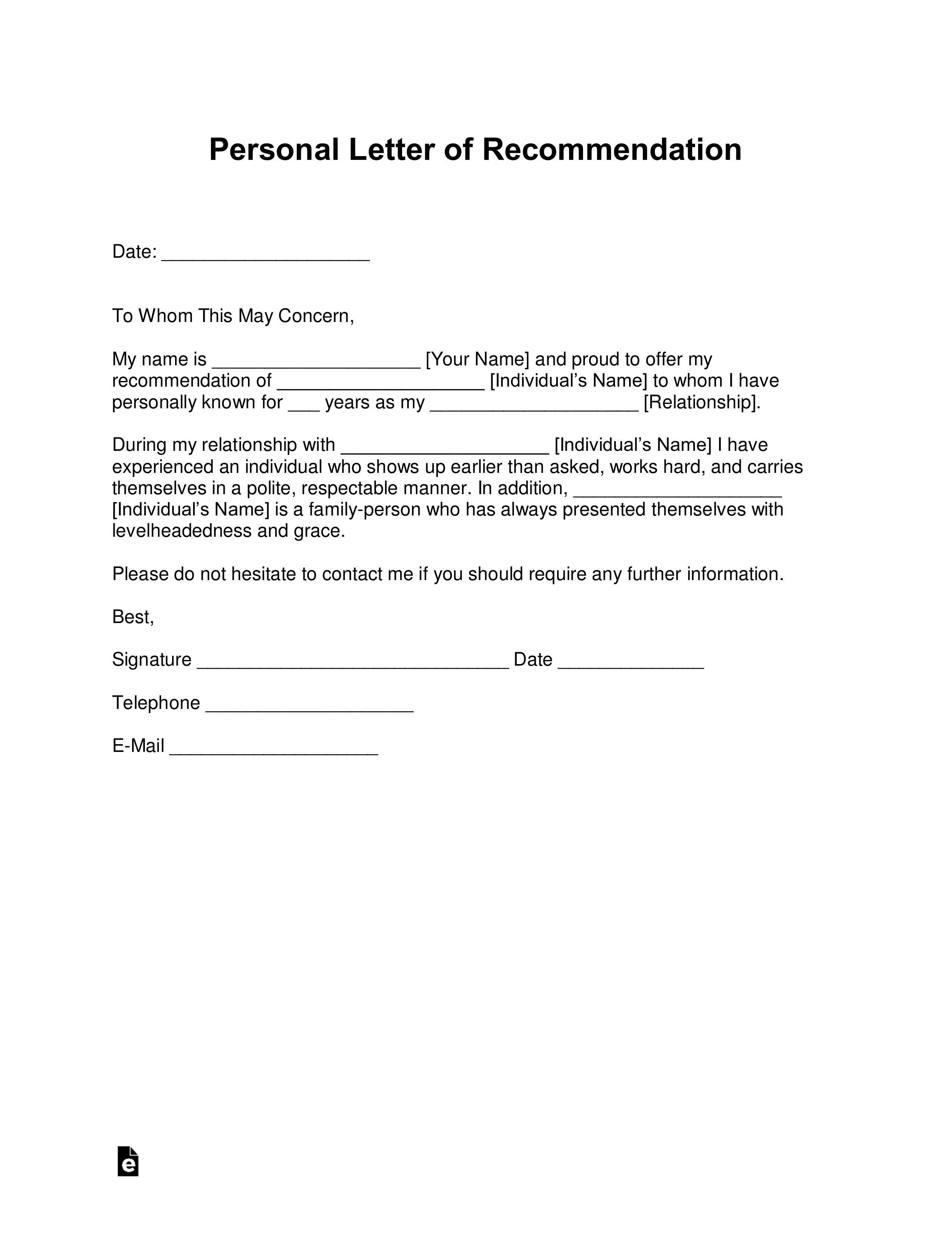 Personal Letter Of Reference Format from eforms.com