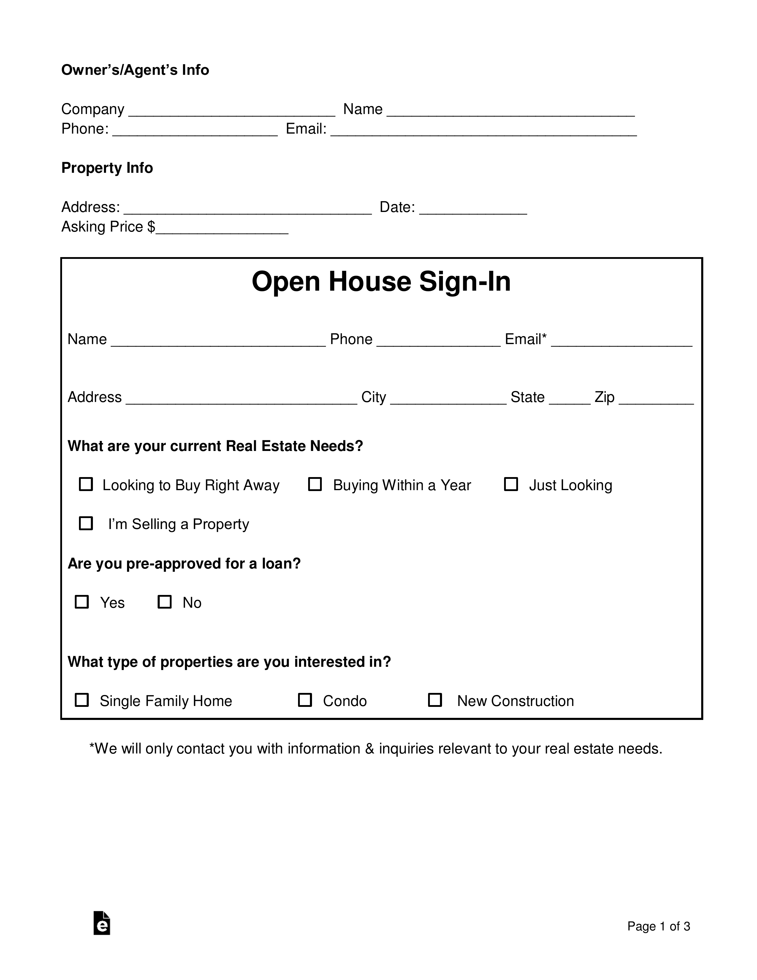 Free Real Estate Open House Sign in Sheet PDF Word EForms