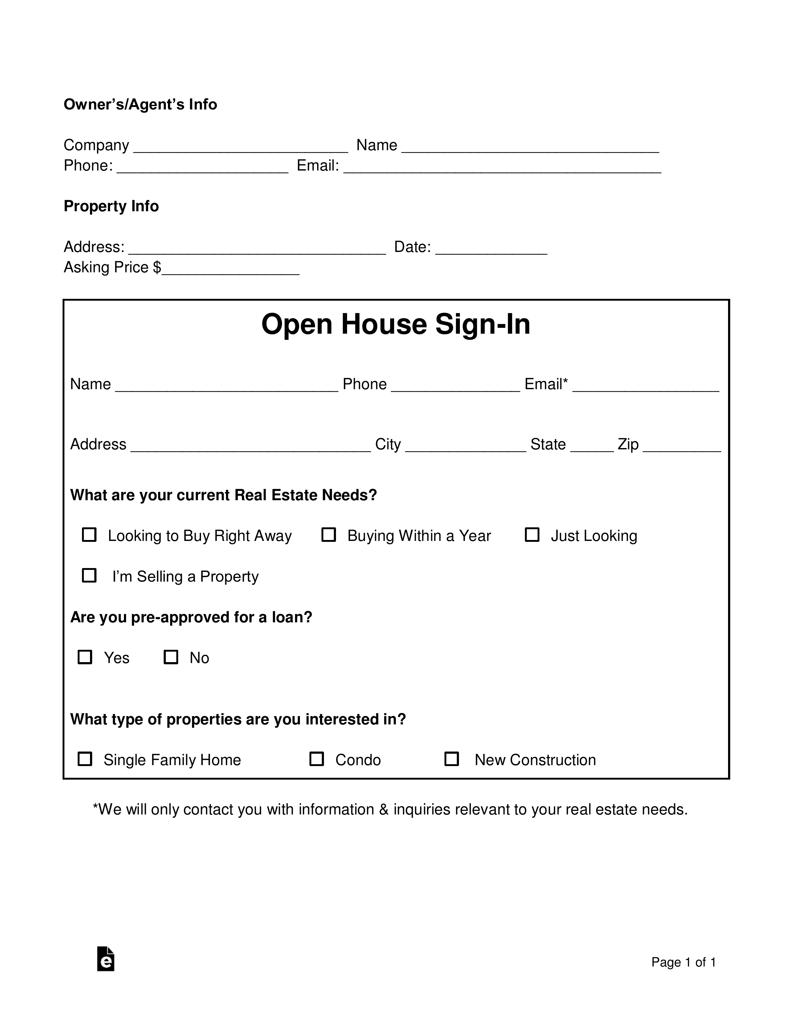 Detailed Real Estate Open House Sign-in Sheet