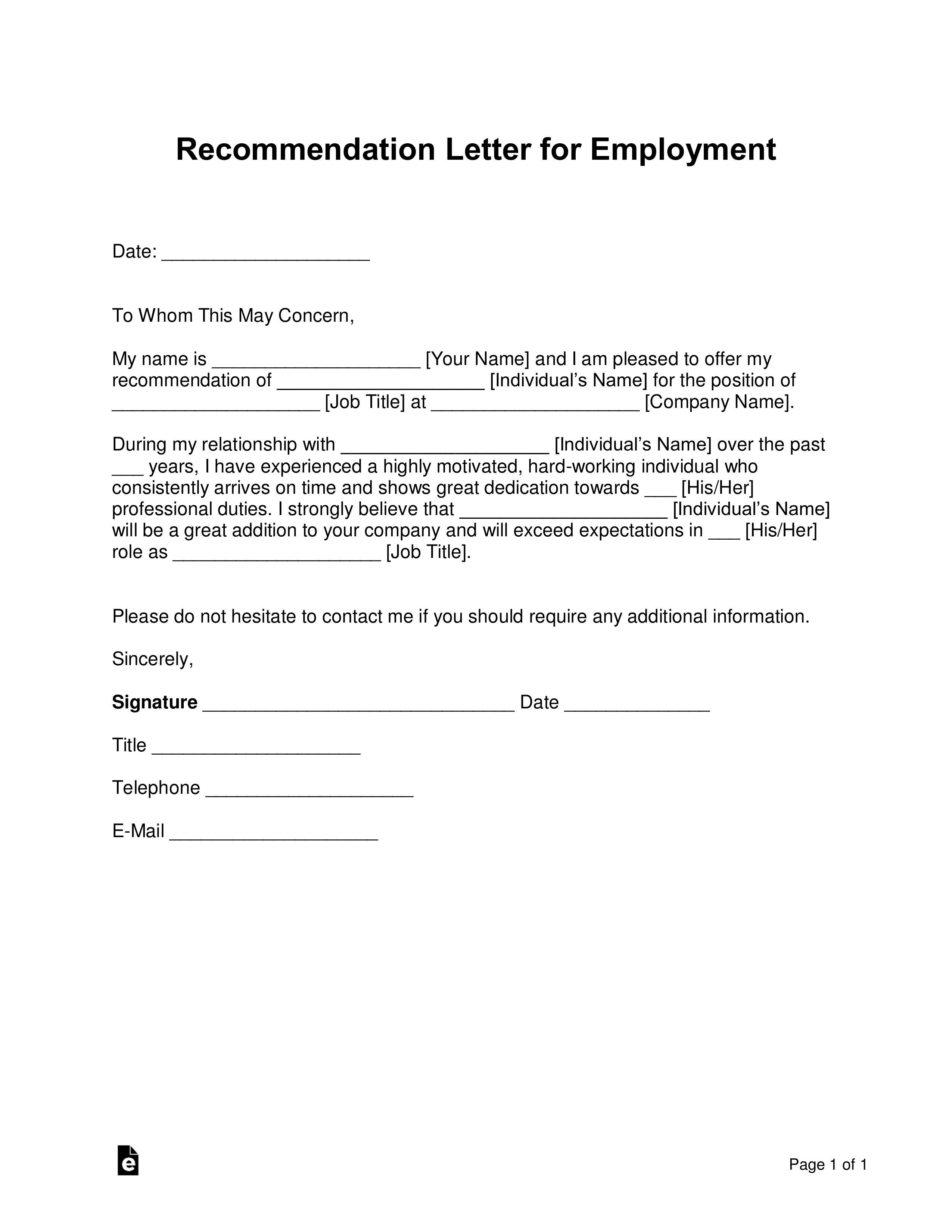 Employment Letter Of Recommendation Samples from eforms.com
