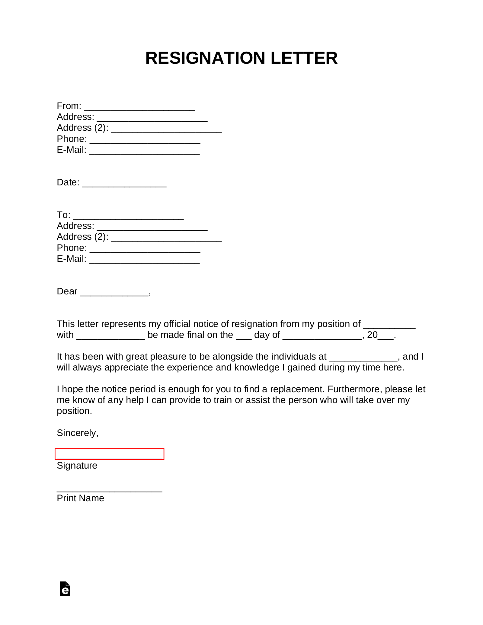 Formal Resignation Letter Sample With Notice Period from eforms.com