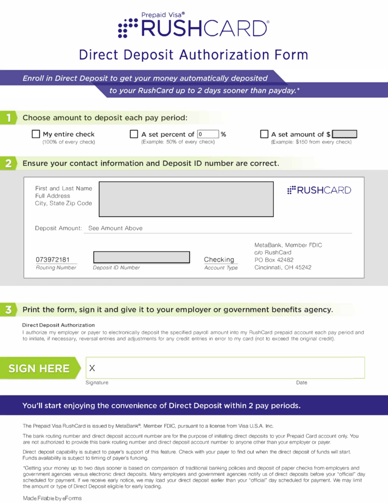 Free Rushcard Direct Deposit Authorization Form Pdf Eforms 1869