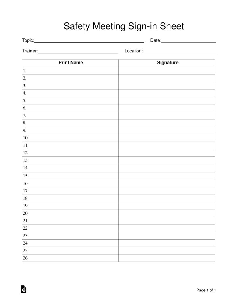Safety Meeting Sign In Sheet Template