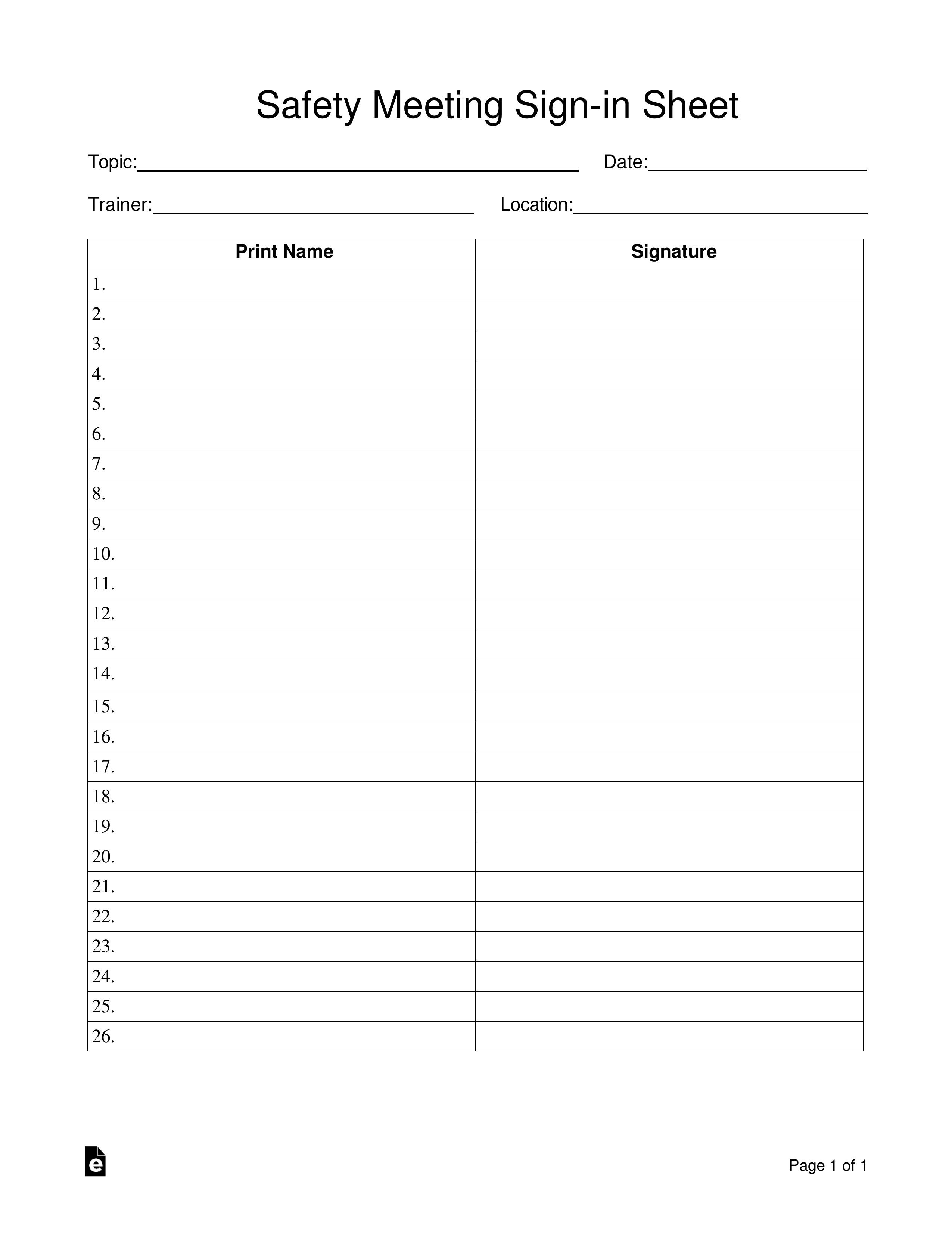 Safety Meeting Sign-in Sheet Template