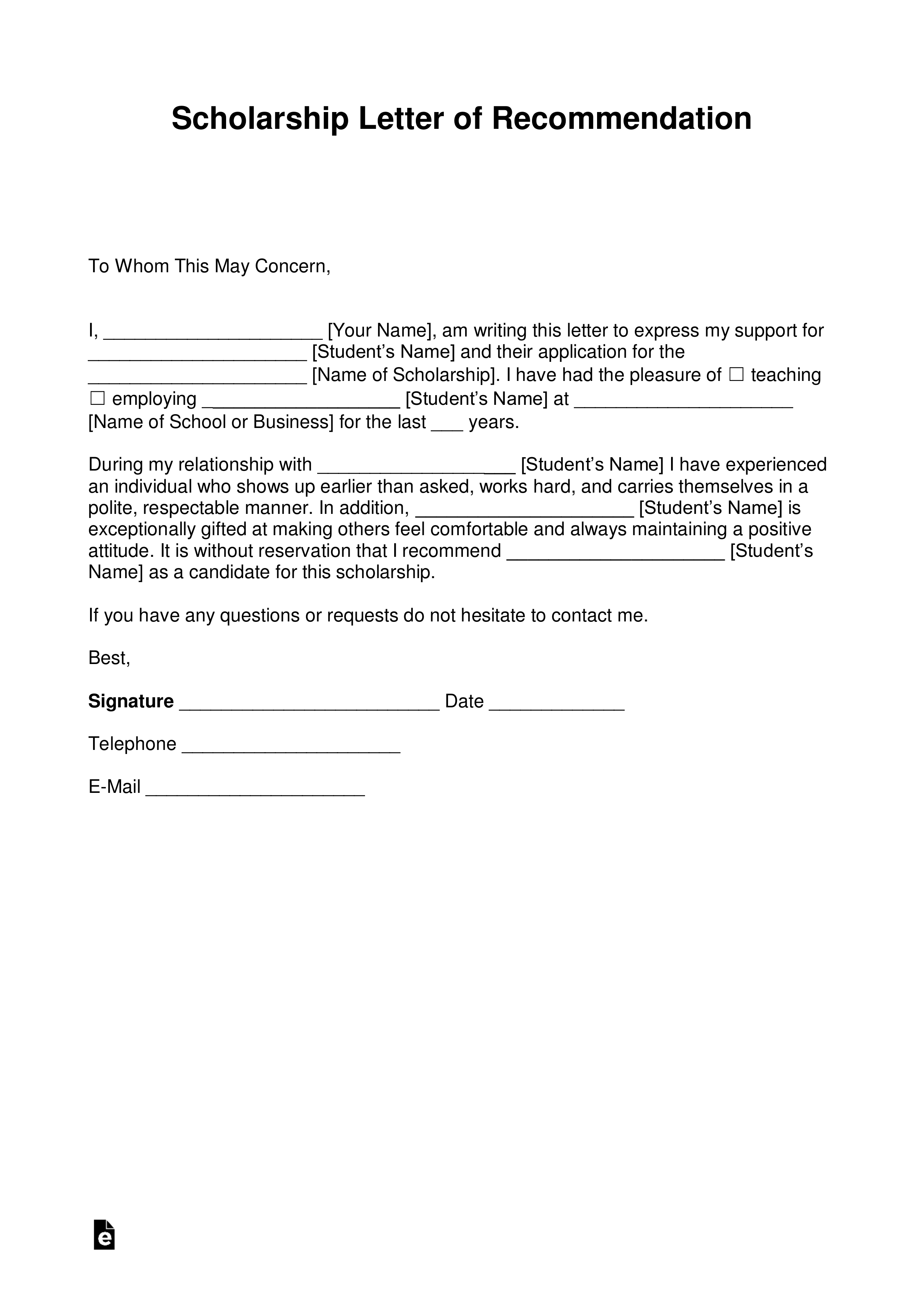 Example Of Recommendation Letter For Scholarship from eforms.com