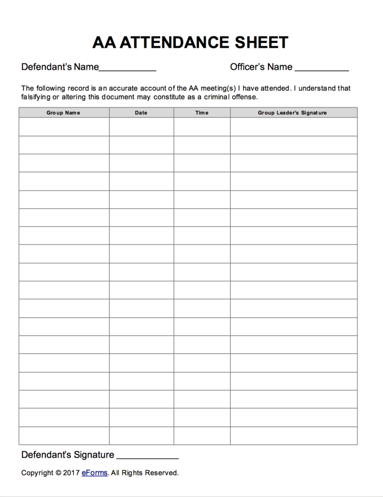 Alcoholics Anonymous (AA) Signin/Attendance Sheet Template eForms