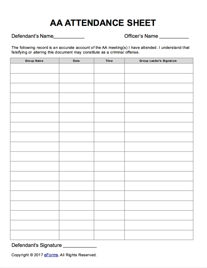 Alcoholics Anonymous AA Sign in Attendance Sheet Template EForms 
