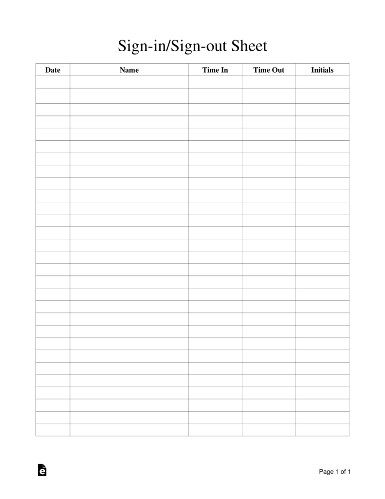 Free Signin/Signout Sheet Template PDF Word eForms