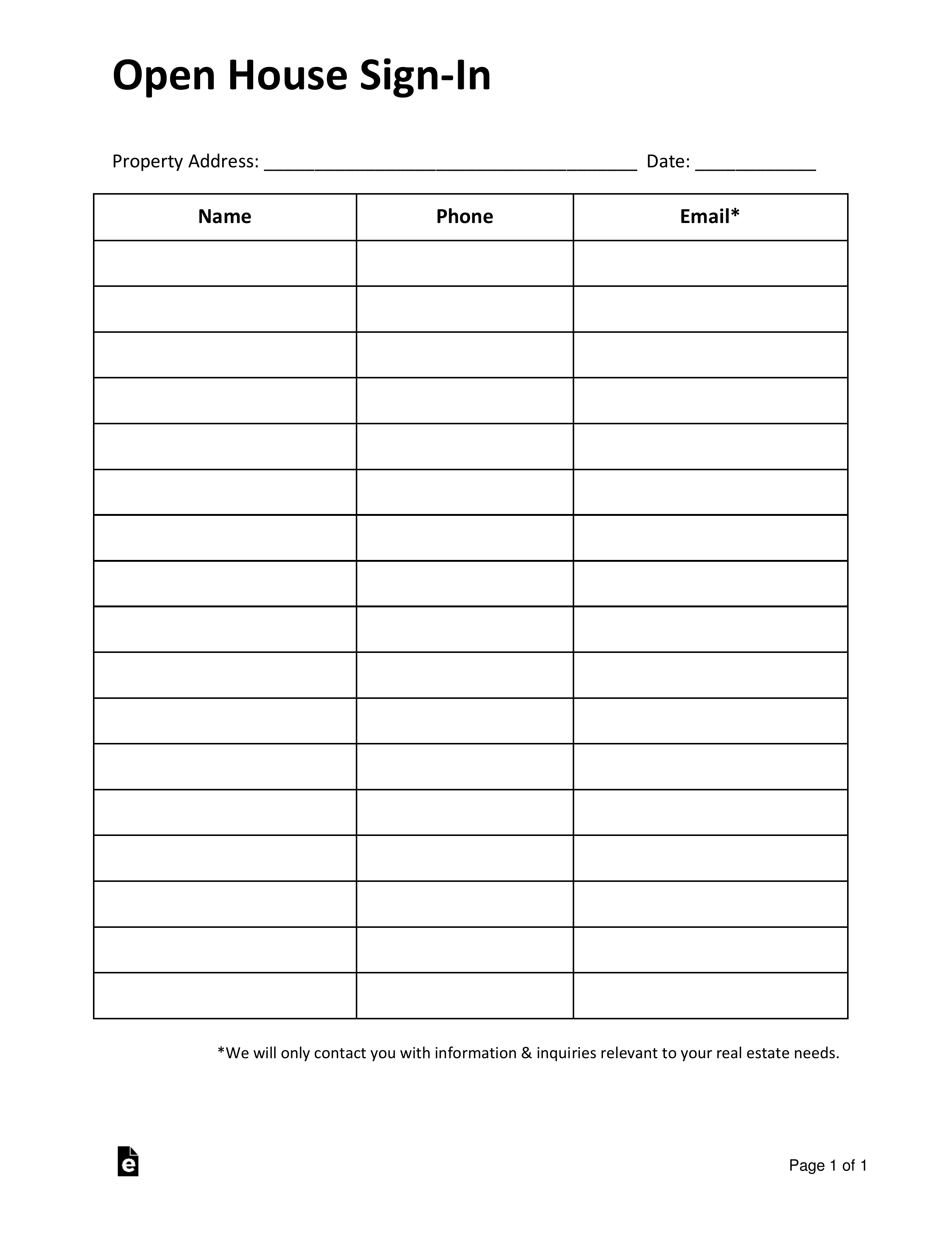 Simple Real Estate Open House Sign In Sheet Eforms
