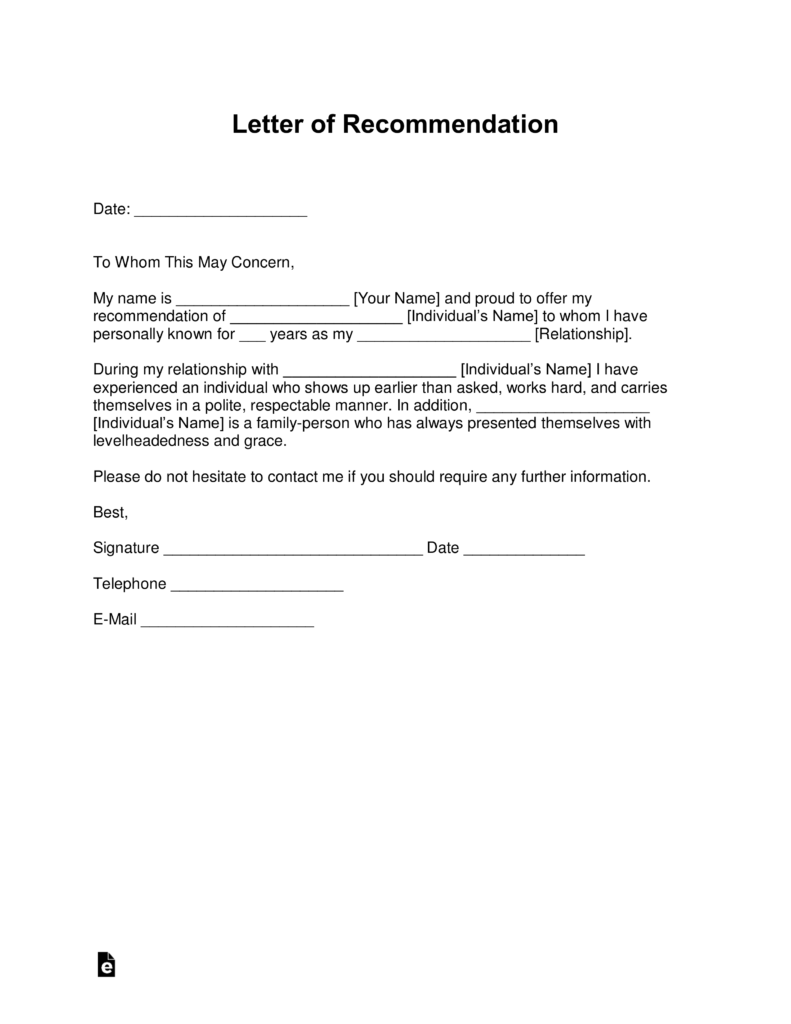 Free Letter Of Re Mendation Templates Samples And