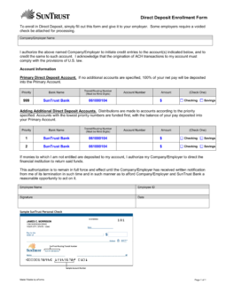 SunTrust Bank Direct Deposit Authorization Form