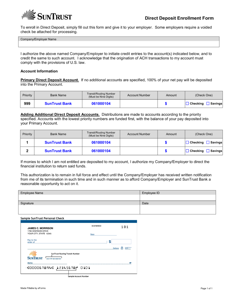 Free SunTrust Bank Direct Deposit Authorization Form - PDF ...