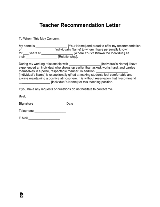 Free Teacher Recommendation Letter Template With Samples PDF Word Free Teacher Recommendation Letter Template With Samples PDF Word