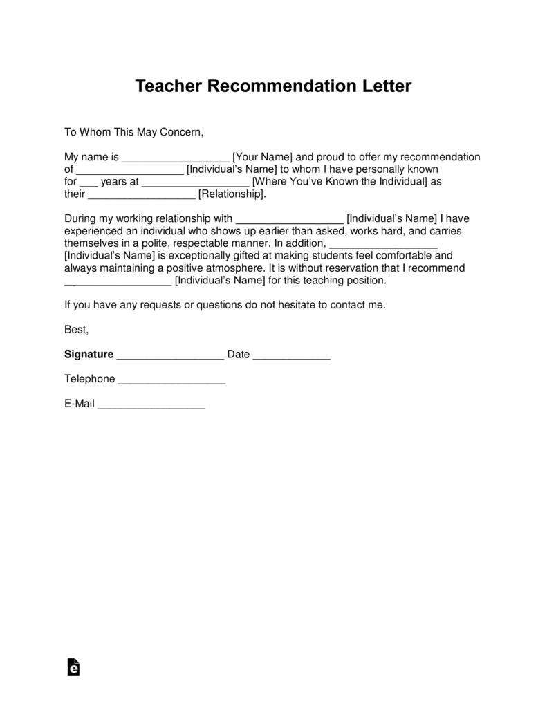 Free Teacher Re Mendation Letter Template With Samples