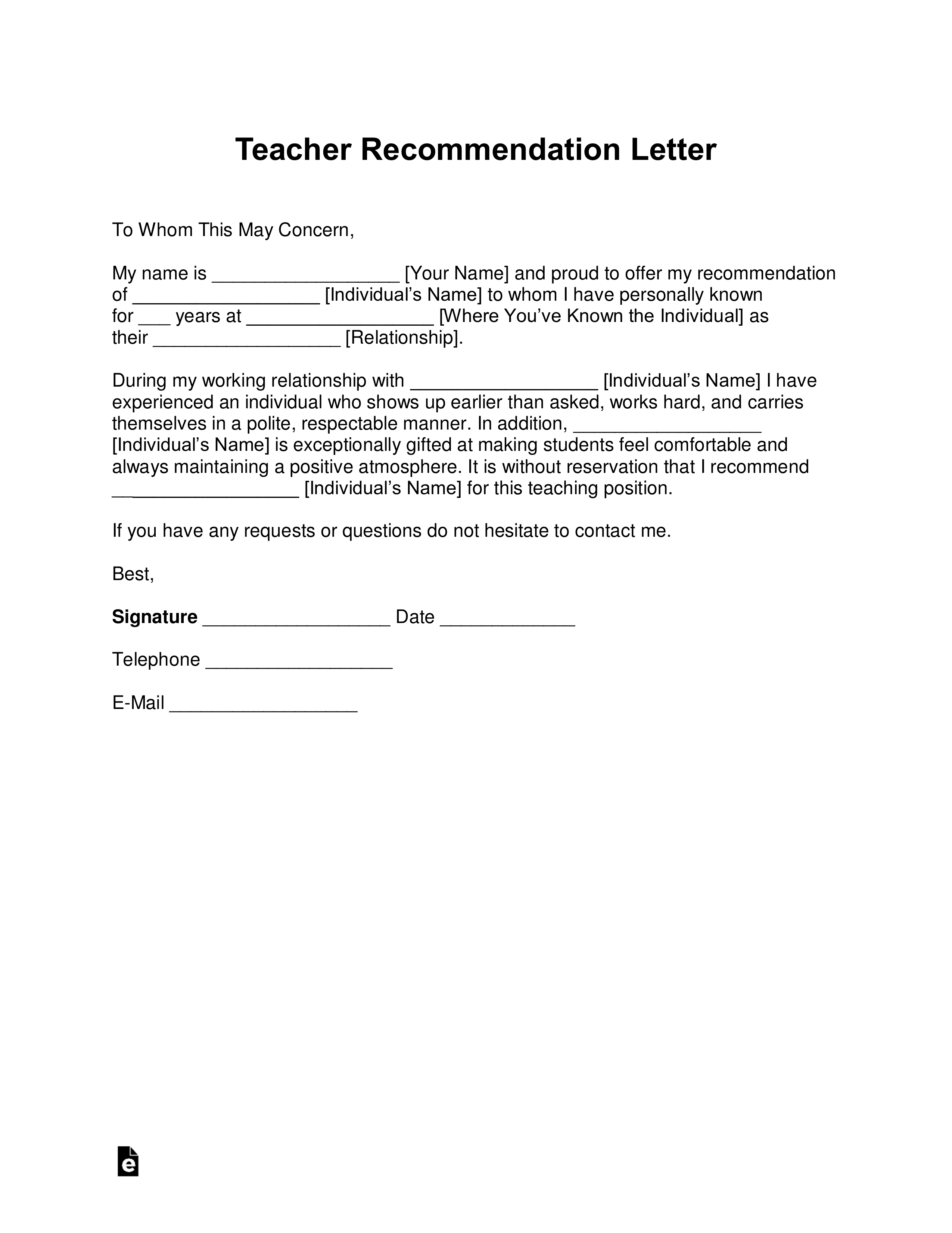 Free Teacher Recommendation Letter Template PDF Word EForms