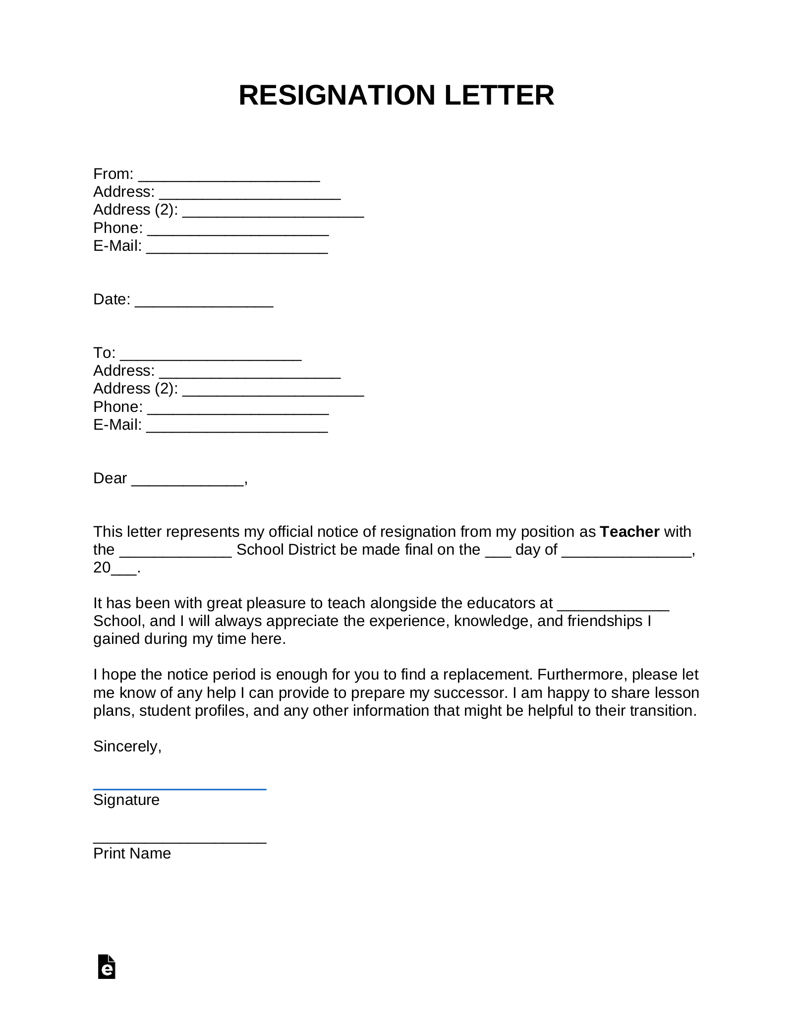 Free Teacher Resignation Letter | Templates & Samples - PDF | Word – eForms