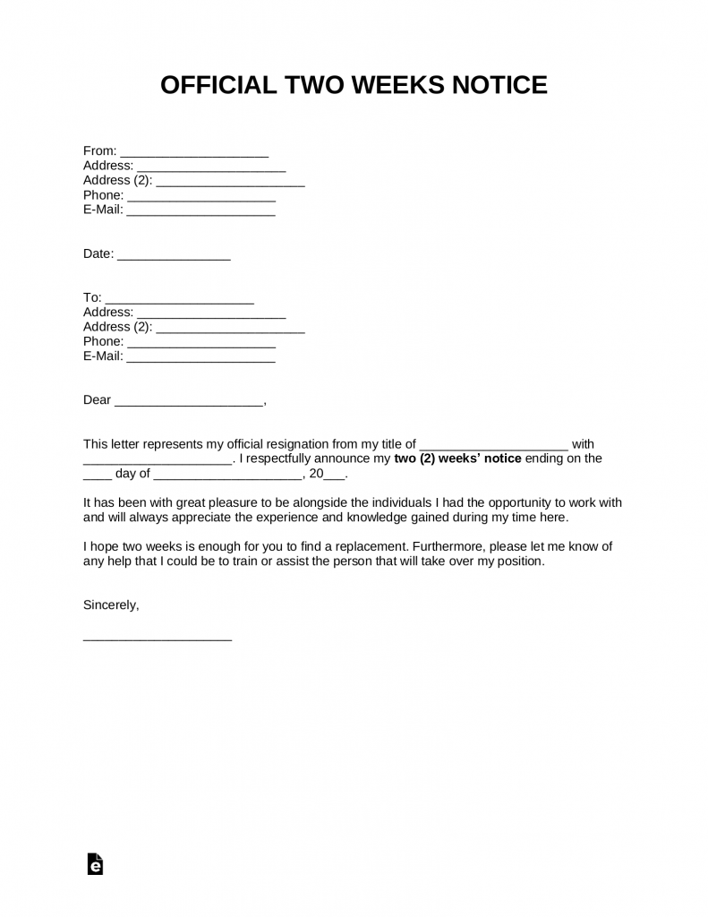 Free Two Weeks Notice Letter Templates And Samples Pdf Word Eforms 4723