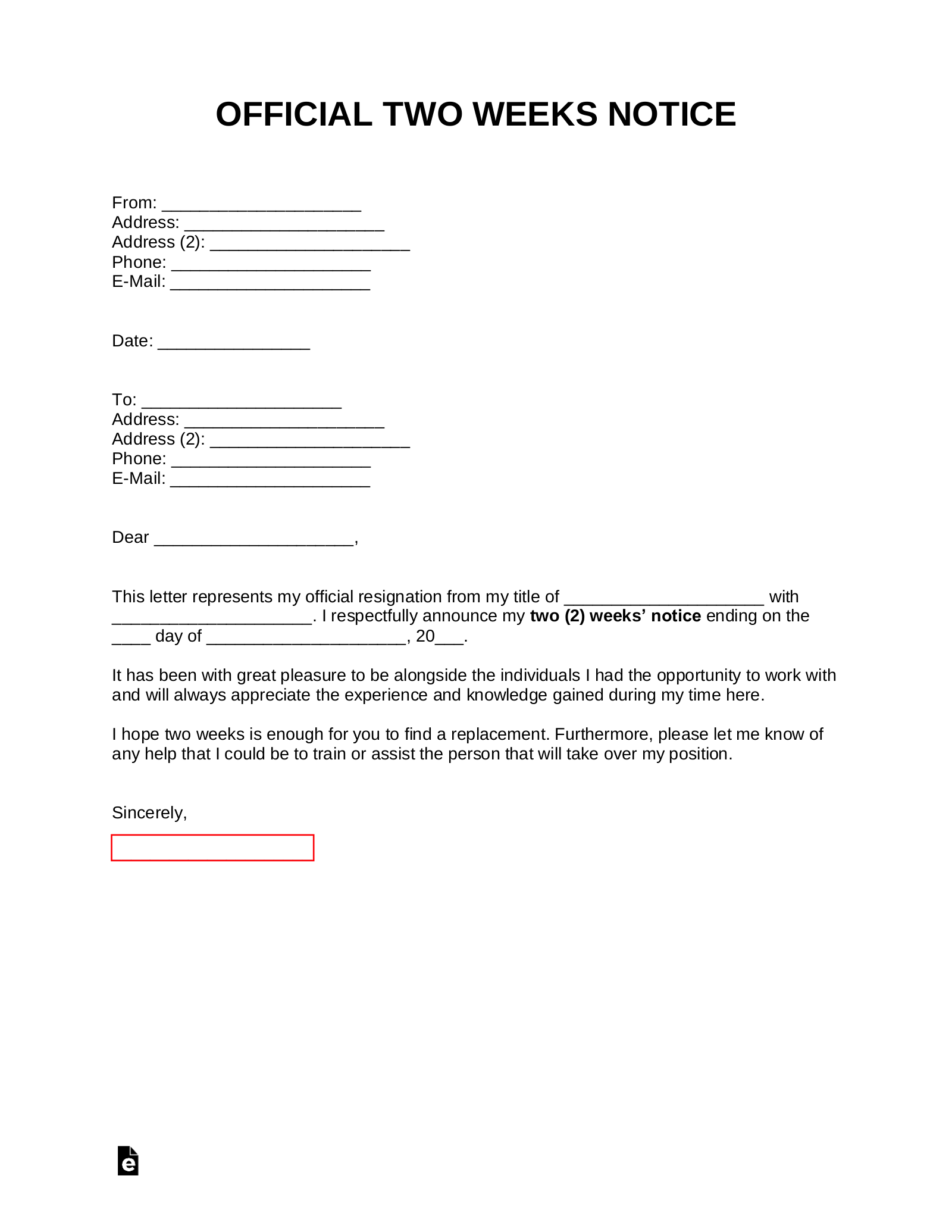 Letter Of Resignation 2 Weeks Notice Template from eforms.com