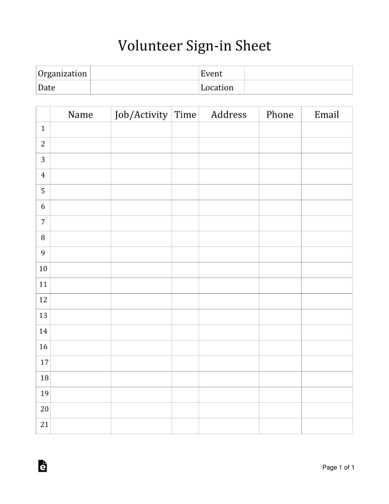 Free Volunteer Signin Sheet Template PDF Word eForms