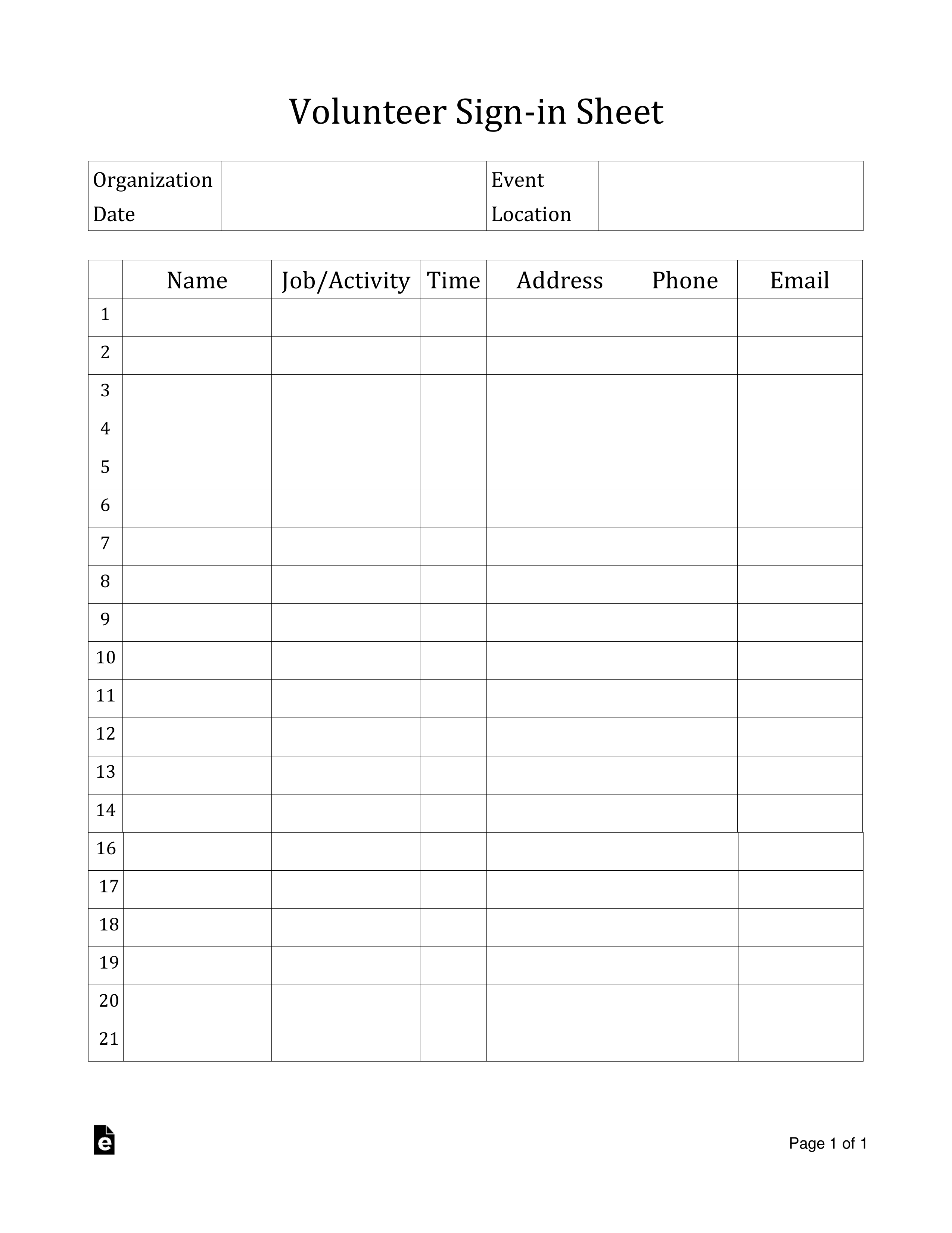 Free Volunteer Sign In Sheet Template PDF Word EForms   Volunteer Sign In Sheet 2 