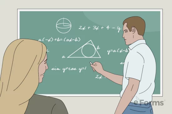 Student writing on chalkboard while teacher shows approval