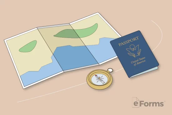 Map, compass, and passport shown on table