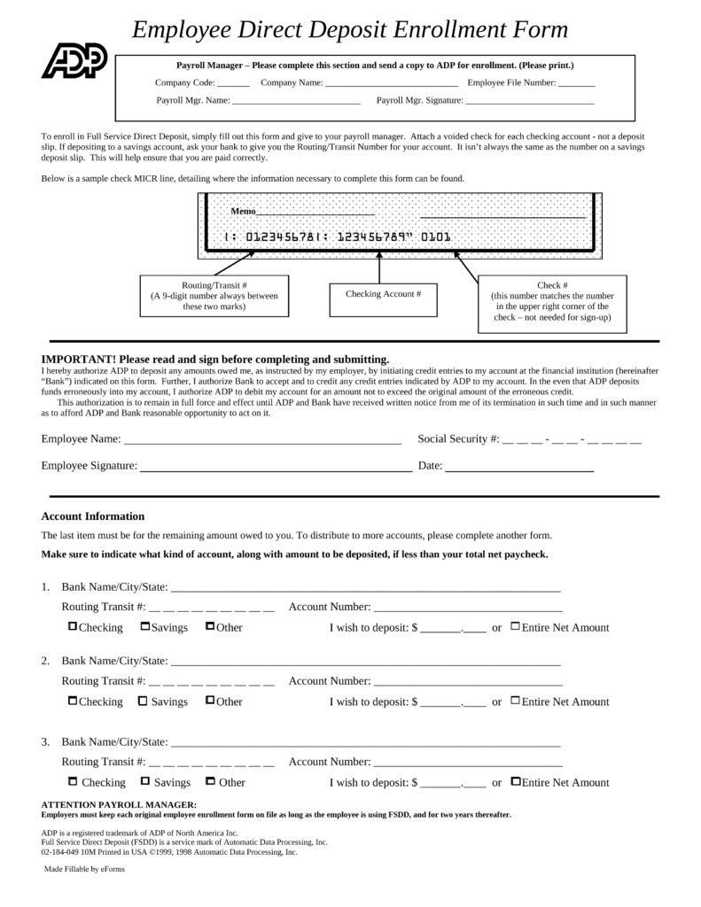 free adp direct deposit authorization form pdf eforms