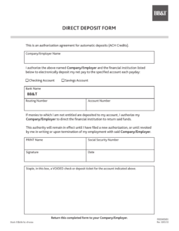 BB&T Direct Deposit Authorization Form