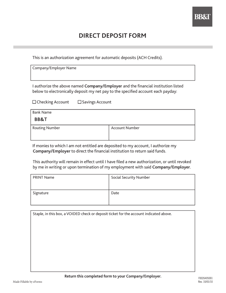 Free BB&T Direct Deposit Authorization Form - PDF  eForms 
