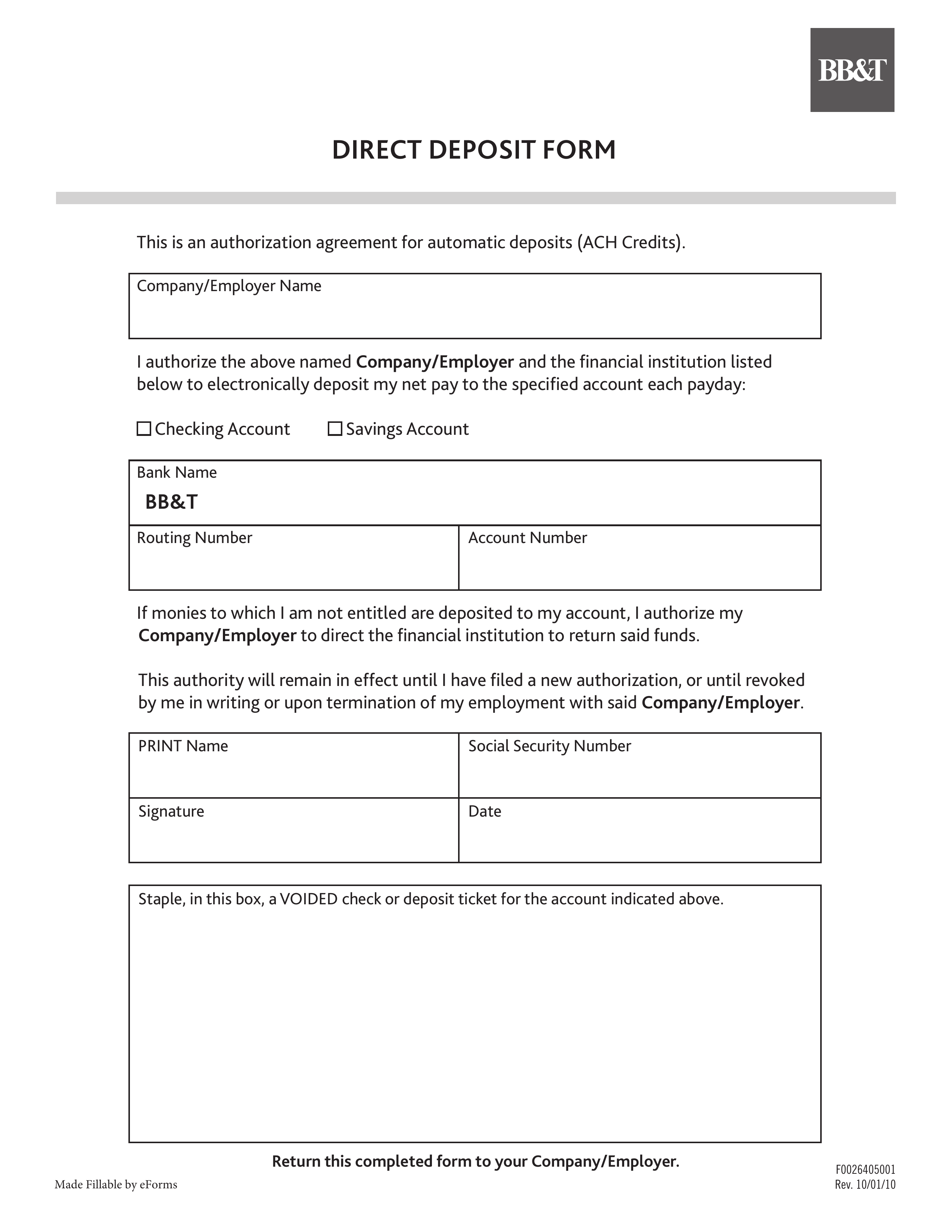 BB&T Direct Deposit Authorization Form