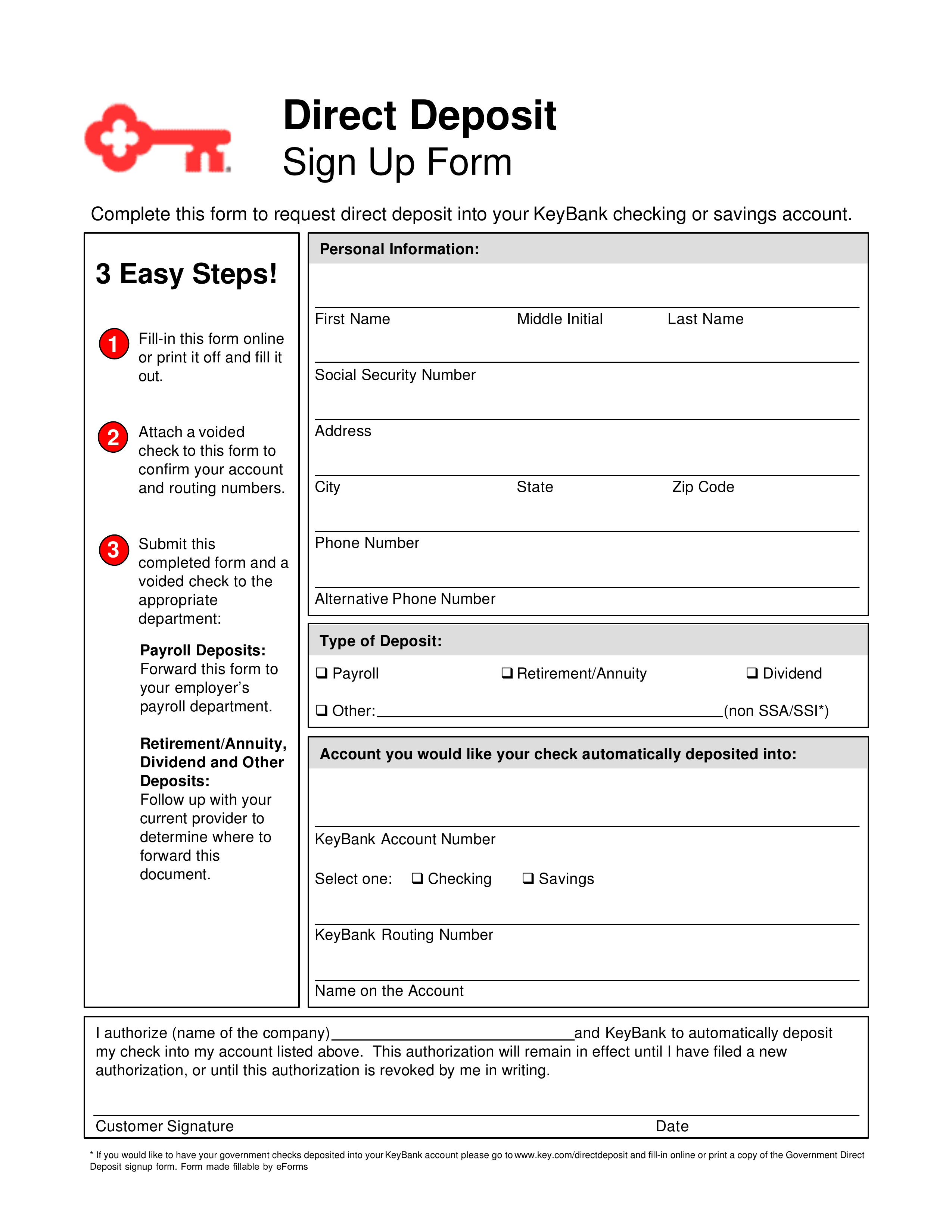 Free Key Bank Direct Deposit Authorization Form PDF eForms