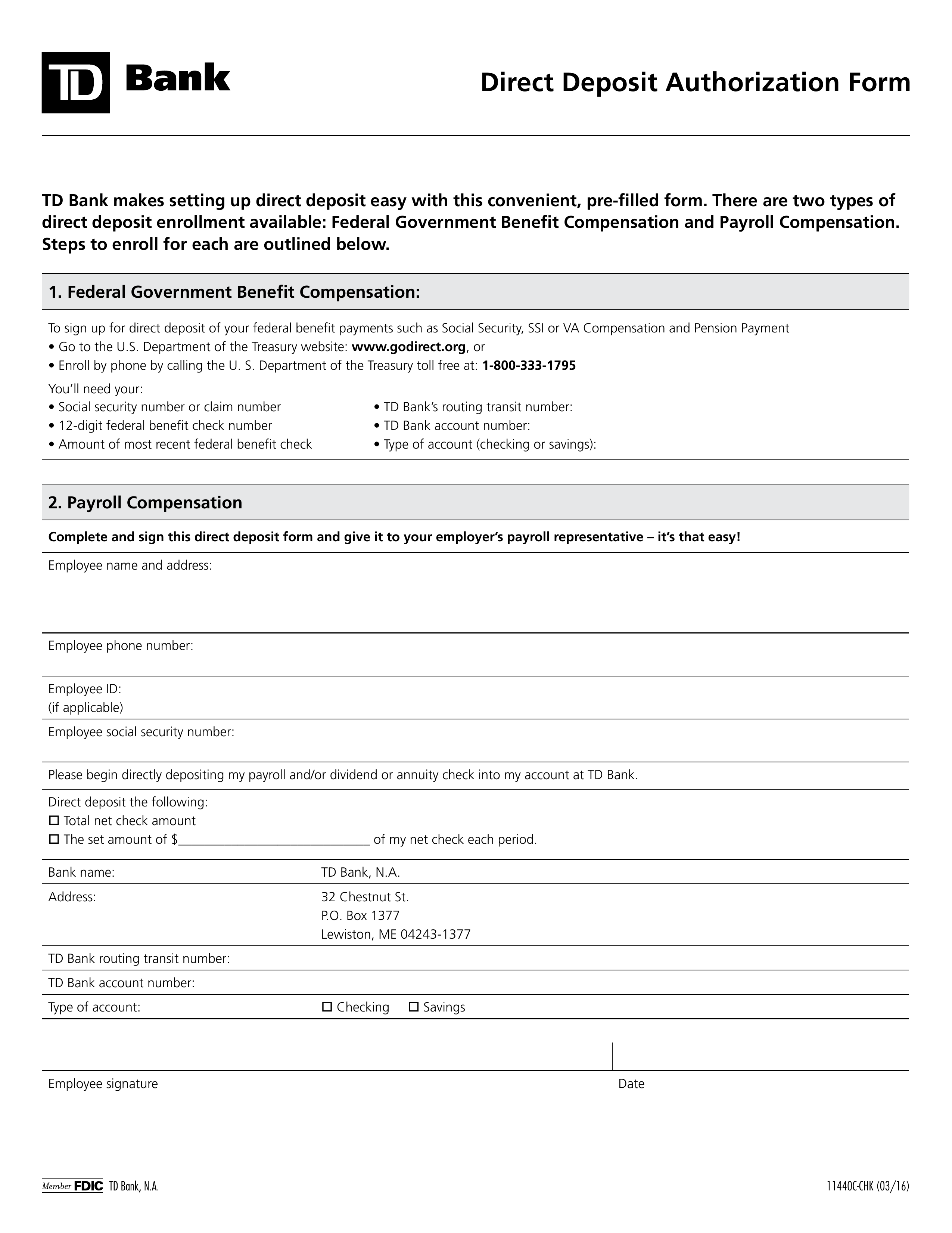 free td bank direct deposit authorization form pdf eforms