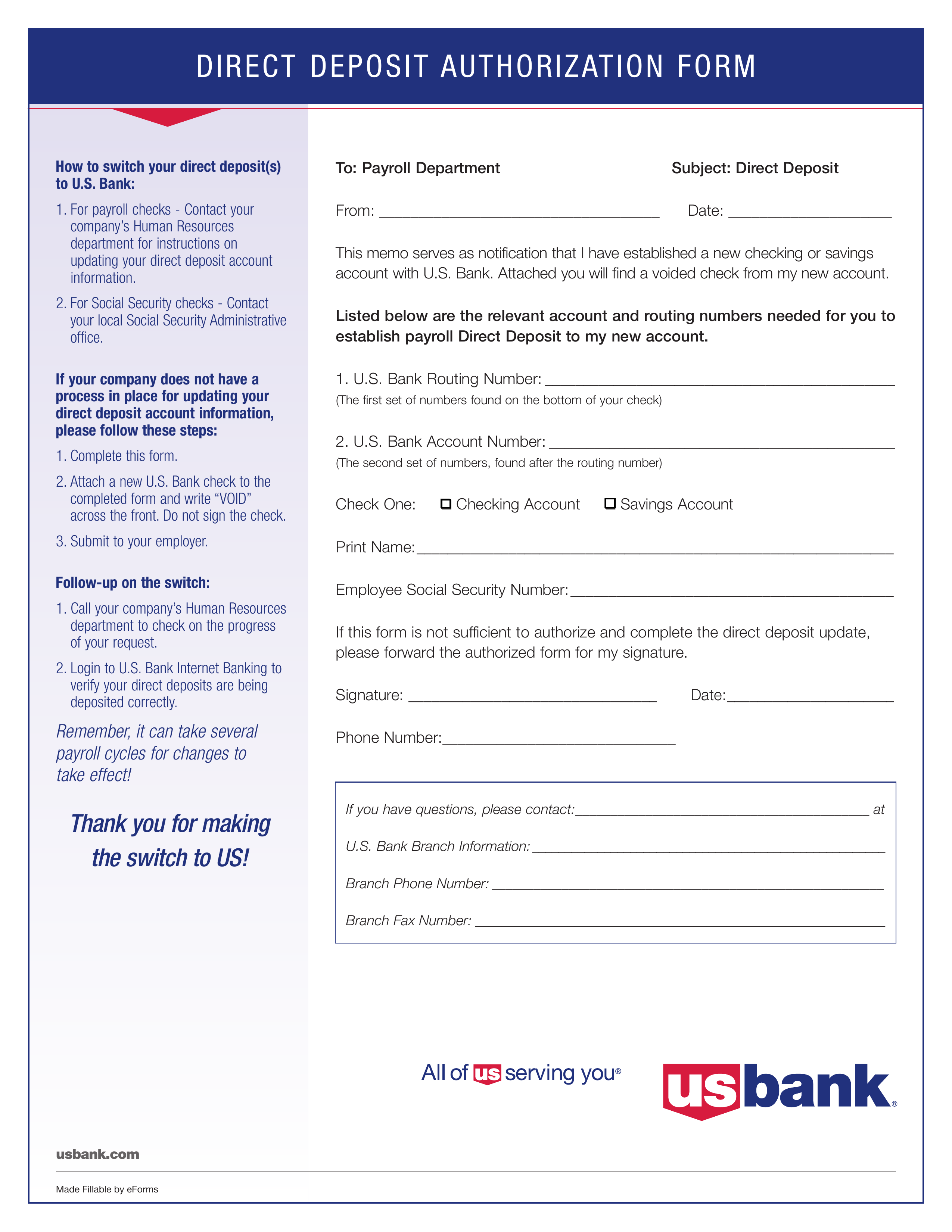U.S. Bank Direct Deposit Authorization Form